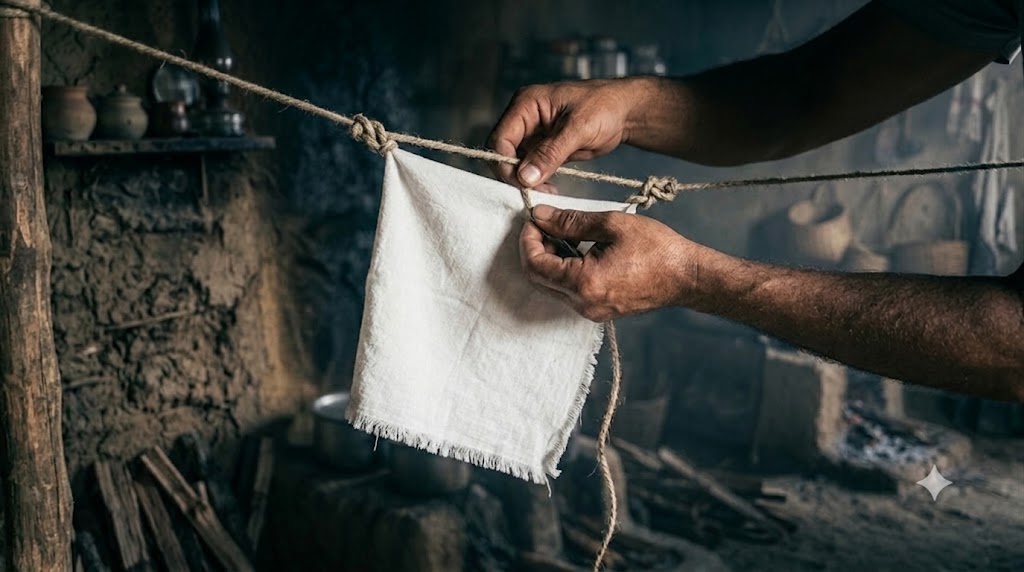 Hands tying a white cotton flag onto a hemp cord inside a rural kitchen