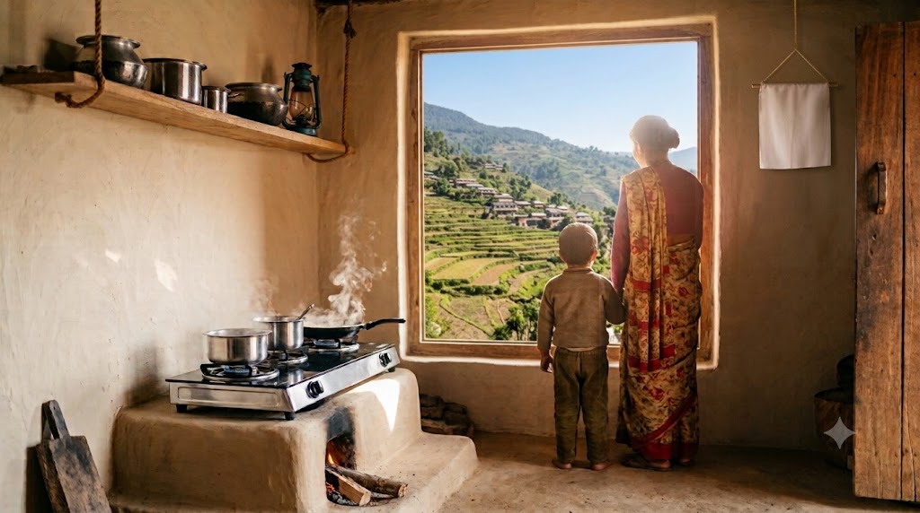 Smoke-free kitchen with a mother and child looking out a window at a mountain valley, a clean white cloth hanging near the door
