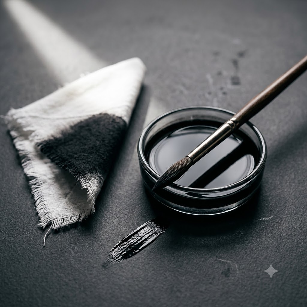 Soot-darkened fabric next to a dish of dark pigment and a brush