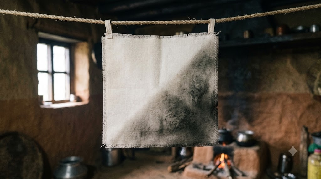 Soot flag: cotton square hanging from a hemp cord, diagonally split between clean white and soot-darkened
