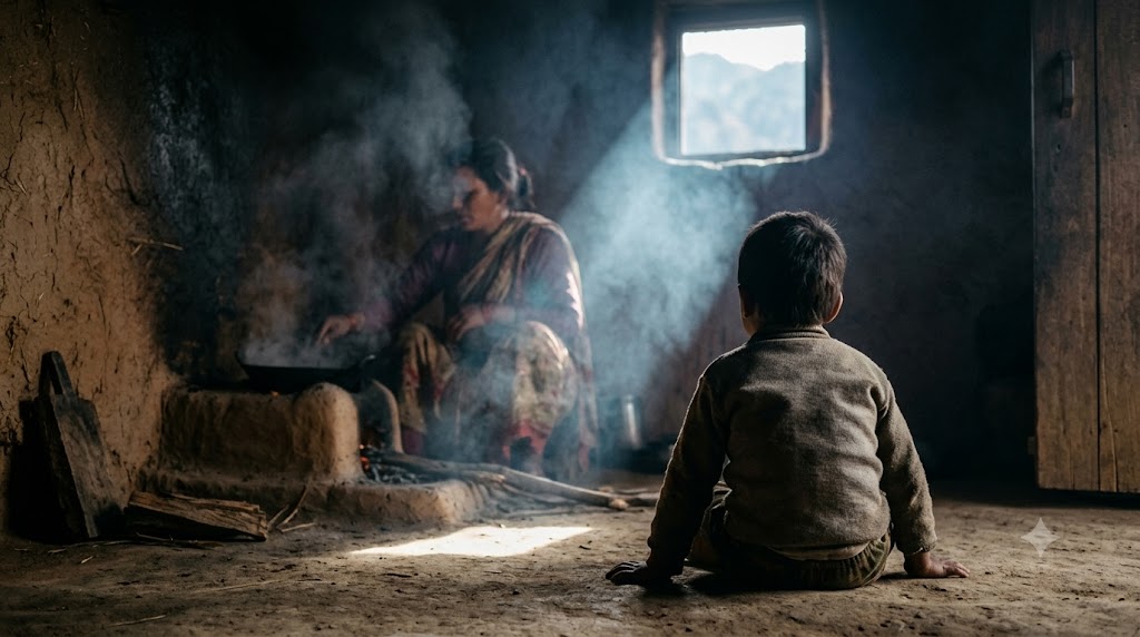 Family gathered around an open biomass stove inside a rural Nepali home, smoke rising in the dim interior